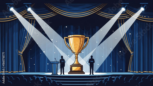 A large golden trophy on a stage with two people standing beside a podium, spotlights shining down, blue curtains and starry night sky background, award ceremony scene