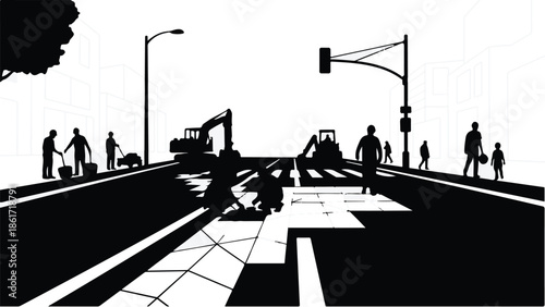 Workers and machinery engaged in road construction and repair on a city street.