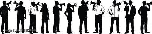 Silhouette, megaphone, public speaking, communication, protest, announcement, business attire, advocacy, marketing,