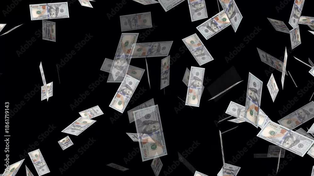 Money rain animation on black background. One hundred dollar banknotes ...