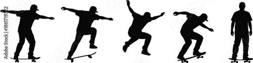 Skateboarder silhouette sequence performing trick, urban street sport action, skateboarding movement stages, youth culture, extreme sport, black and white illustration