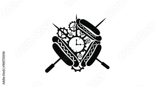 Steampunk hot dogs arranged around a clock with gears, symbolizing food time or a unique culinary concept.