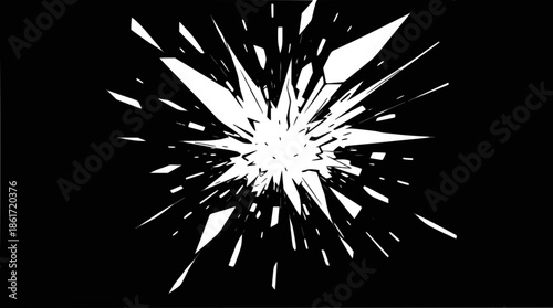 Abstract white explosion shattering effect on a black background, dynamic and energetic visual.