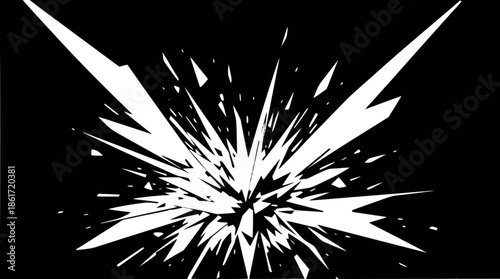 Abstract white explosion or shattered glass effect on a black background, radiating sharp fragments and dynamic energy.