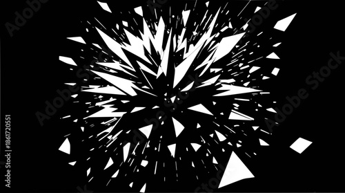 Abstract black and white image with sharp, fragmented white shapes exploding outwards from a central point on a dark background.