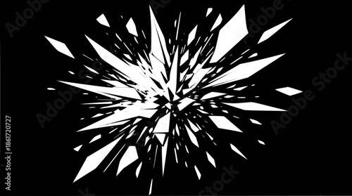 Abstract image of white sharp fragments exploding outwards on a solid black background, creating a dynamic shattered effect.