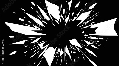 Abstract black and white graphic depicting a shattered explosion or burst effect with sharp, angular fragments.