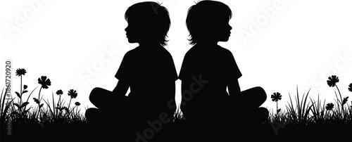 Two children silhouette sitting back to back in grass with flowers, peaceful childhood moment, innocence, friendship, minimal black and white illustration