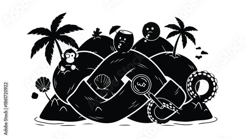 Adventurous explorers on a tropical island discover hidden treasures with a magnifying glass and map.