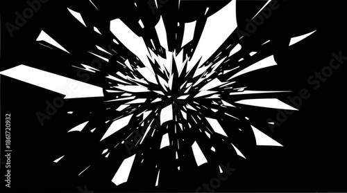 Dynamic abstract black and white image featuring sharp, fragmented shapes exploding outwards from a central point.