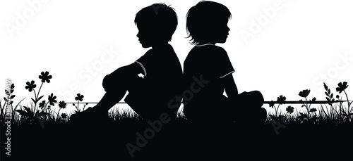 Two children silhouette sitting back to back in grass with flowers, childhood friendship, emotions, innocence, nature, minimal black and white concept
