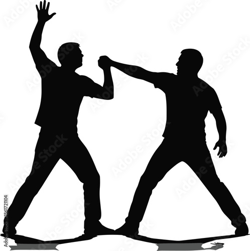 Two men practicing self defense martial arts fight silhouette, combat training action pose isolated on white background illustration