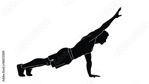 Fit man performing a challenging plank exercise with one arm raised for balance and strength.