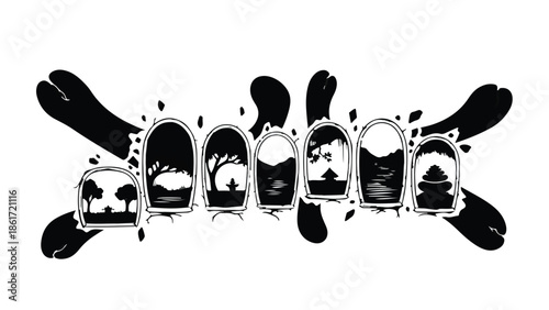 Whimsical ink illustrations depict diverse miniature landscapes within arched frames, suggesting journeys and imagination.