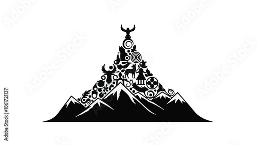 Mountain peak formed by diverse cultural symbols and icons, representing heritage and tradition.