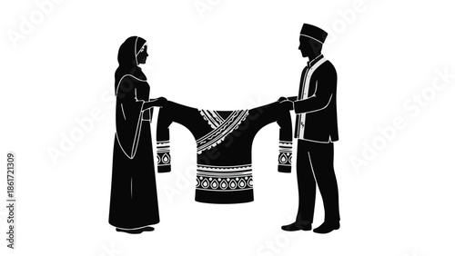 Couple holding traditional ceremonial garment, celebrating heritage and unity