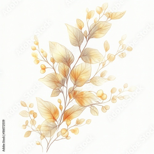 delicate golden branch with translucent leaves and small round berries, serene airy botanical watercolor illustration evoking warmth and calm