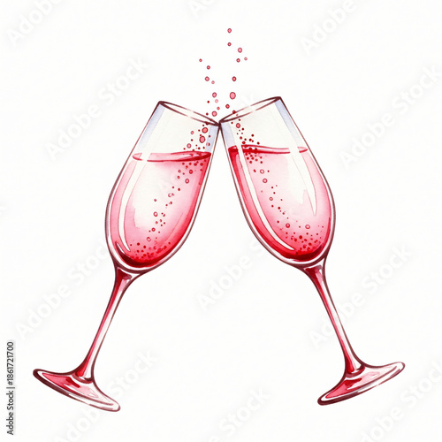 Two champagne glasses clinking with pink bubbly liquid