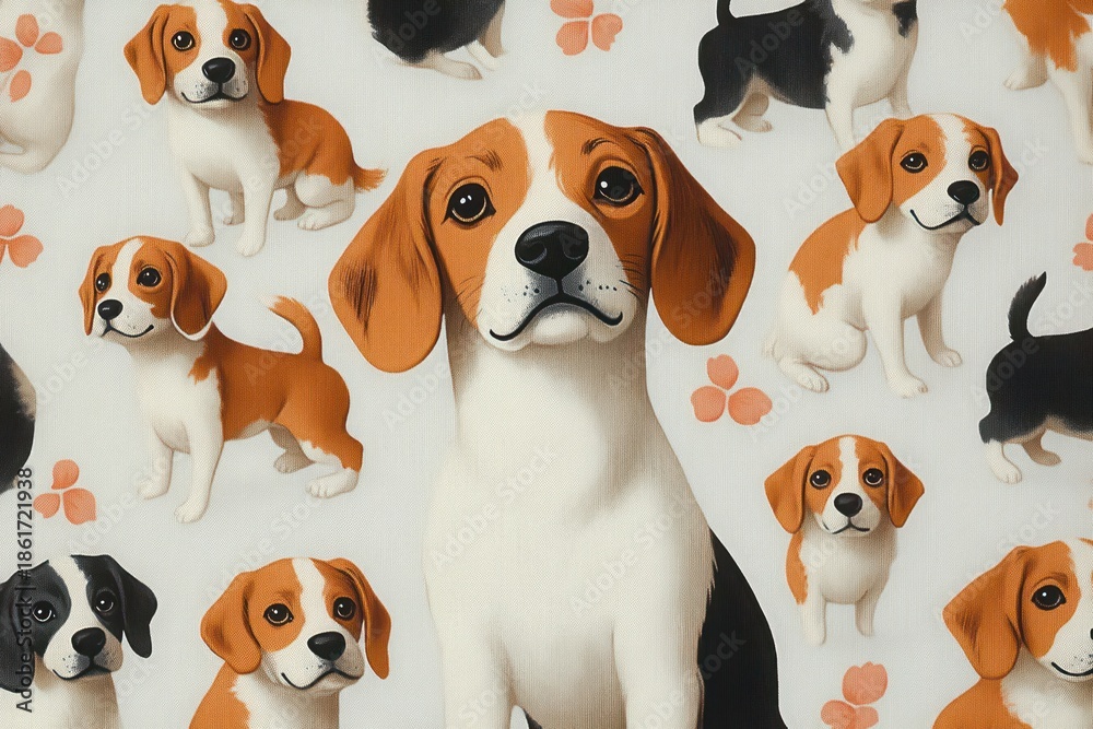 Obraz premium multiple adorable beagle puppies illustrated in warm brown, black and white tones with paw print accents, playful expressions and gentle heartwarming charm