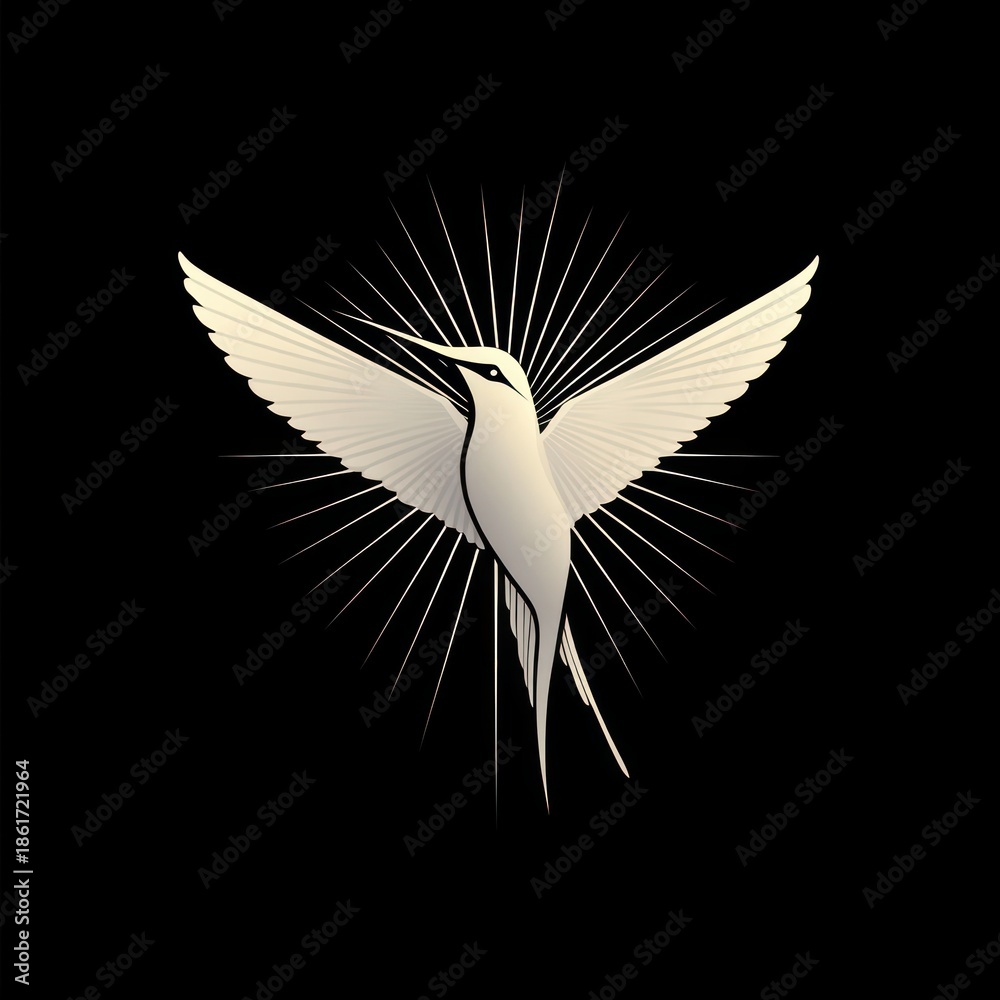 Naklejka premium golden stylized hummingbird with outstretched wings and radiant starburst on black background, evoking elegance and serenity