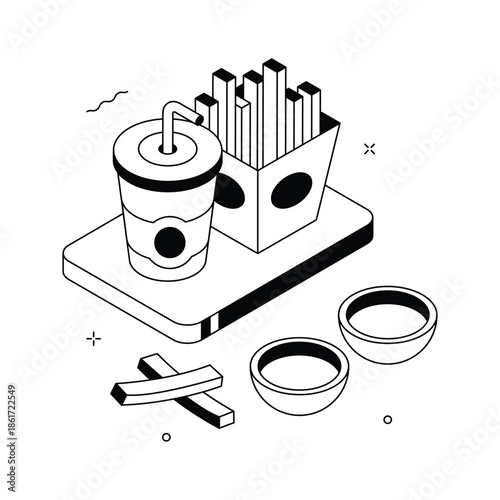 A modern isometric illustration of french fries serving