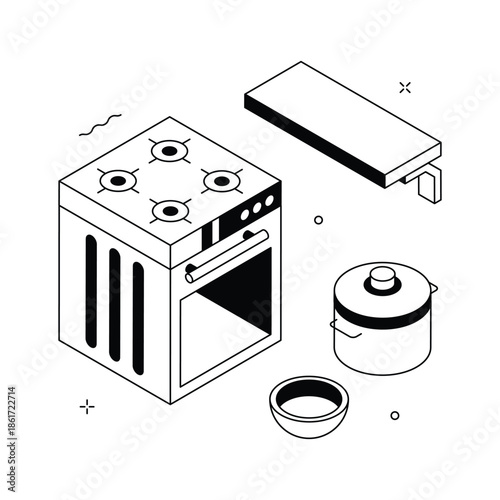 A visually engaging isometric illustration of open kitchen layout