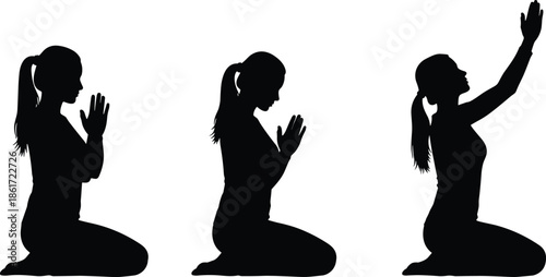 Woman silhouette praying and worshiping in different poses, faith and spirituality concept, devotion and meditation, inner peace, minimal black and white illustration