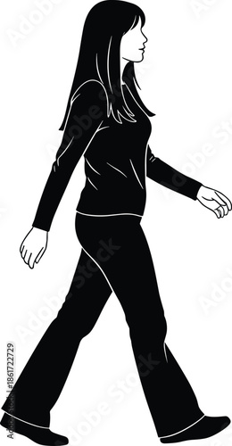 Walking silhouette, human posture, motion analysis, anatomy, profile view, long hair, casual outfit, black and white