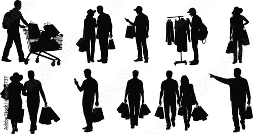 Shopping activity silhouettes, consumer behavior, retail interaction, people with bags, cart pushing, clothing rack, black vector, urban lifestyle, market scene, commercial illustration