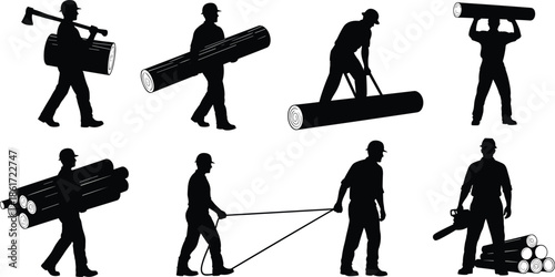 Logging activity silhouettes, lumberjack poses, chainsaw work, axe swing, log carrying, black vector, forest labor, timber harvest, manual effort, protective gear