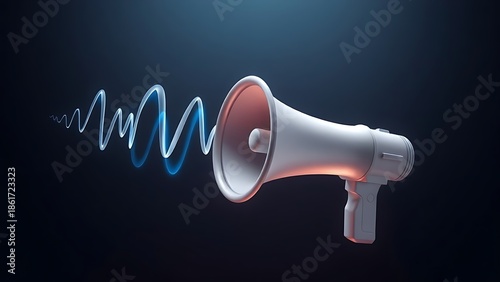 megaphone. Megaphone with an abstract sound wave visualization on a dark background with subtle gradient. STEM education sheets, lab safety posters, designed for biotech research communications.
