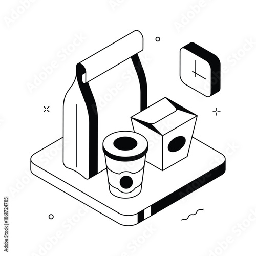 A modern isometric illustration of takeout meal packaging