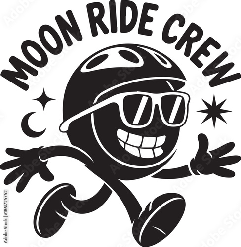 Moon ride crew cartoon character jogging wearing helmet and sunglasses at night