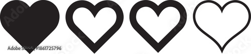 Four black heart icons with solid and outline variations love symbol
