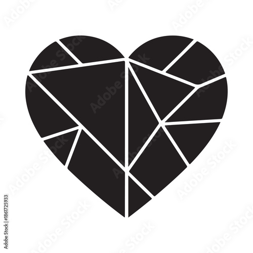 A striking black and white geometric heart design composed of fractured shapes and lines