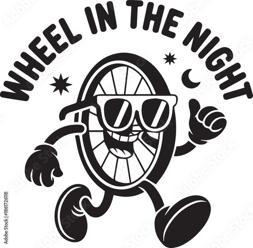 Wheel in the night vector illustration with fun character design for adventure