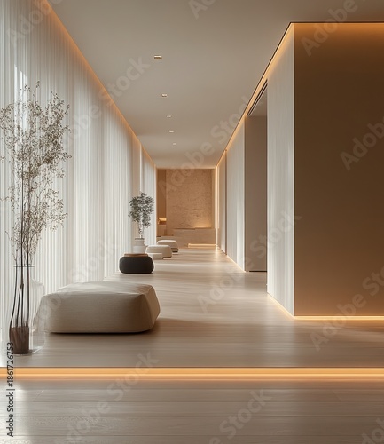 Minimalist sunlit corridor with sheer floor-to-ceiling curtains, soft poufs, potted plants and warm recessed strip lighting conveying a calm, serene, spa-like atmosphere