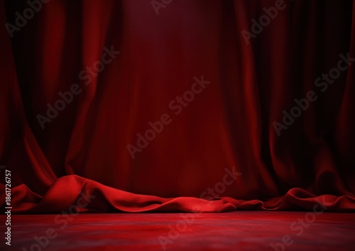 deep red velvet stage curtain with heavy folds pooled on an empty stage floor, soft spotlight glow creating a dramatic, moody sense of anticipation and theatrical mystery