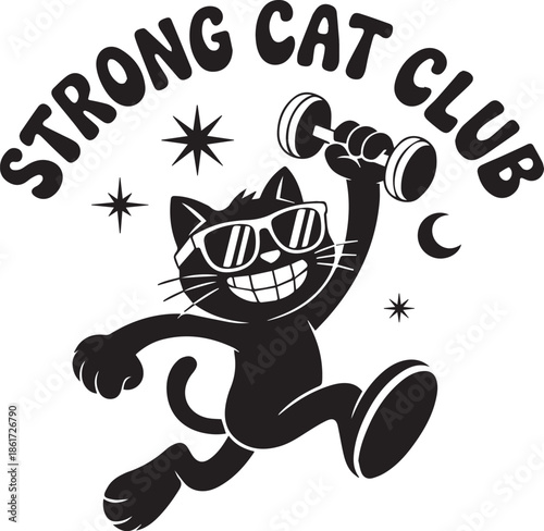Strong cat lifting weight and wearing sunglasses cartoon design in black color