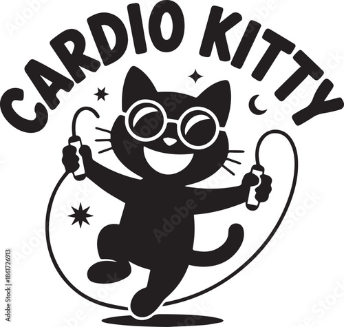 Cardio kitty cat jumping rope and wearing sunglasses cartoon design in black color