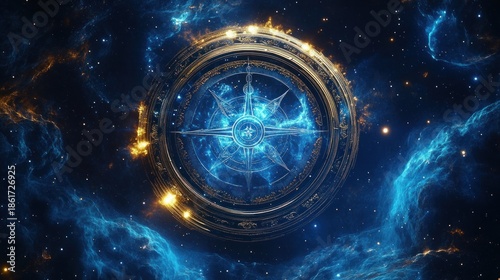 ornate golden compass rose and circular astrolabe suspended in a glowing blue nebula and starfield, evoking awe and cosmic mystery