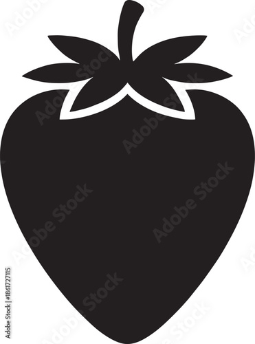 Flat Strawberry Vector Silhouette Icon – Minimal Black Berry with Leaf on White Background