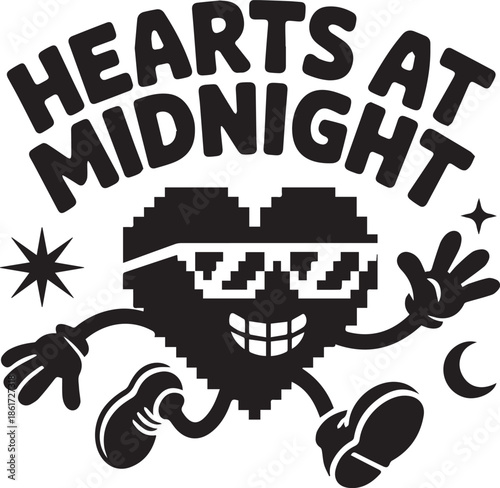 Hearts at midnight with pixel heart, glasses and retro cartoon character style