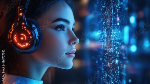 Profile of a person wearing glowing futuristic headphones beside a wall of blue digital data streams, immersive and contemplative mood
