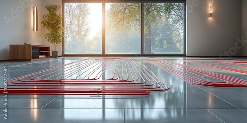 Sunlit modern living space with exposed red radiant floor heating pipes on glossy tiled floor, large glass windows, potted plant and minimalist furnishings, calm cozy atmosphere
