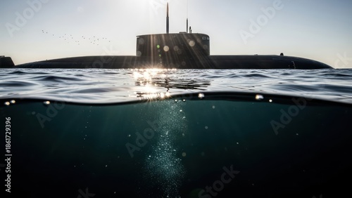 Submarine emerges from the ocean depths, sunlight glints on ocean surface at sunset