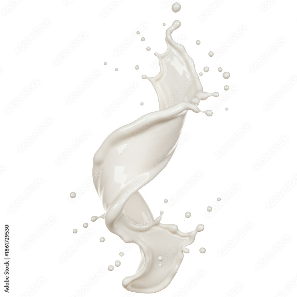 Fototapeta premium Dynamic 3D splash of thick, opaque white viscous liquid in a twisting spiral with suspended droplets, isolated on a transparent studio background with copy space. Concept for luxury cosmetic