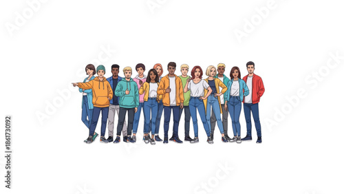 diverse youth group in colorful streetwear comic style