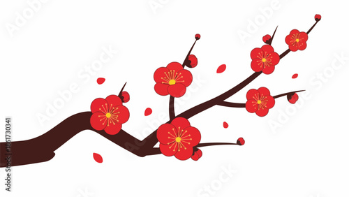Vibrant red plum blossoms adorning a bare branch, symbolizing spring's arrival and renewal, captured in a clean, illustrative style