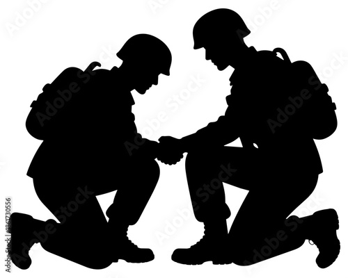 Two Soldiers Kneeling and Shaking Hands Silhouette on Transparent Background